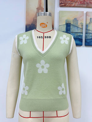 Womens Contrasting Color Jacquard V Neck Sleeveless Knit Top SIZE S-XL