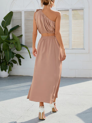 Womens Solid Color Tie Shoulder Crop Top Matching Skirt Set SIZE S-2XL
