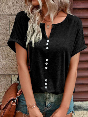Womens Knitted Casual V-Neck Button Short Sleeve Top SIZE S-5XL