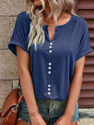Womens Knitted Casual V-Neck Button Short Sleeve Top SIZE S-5XL