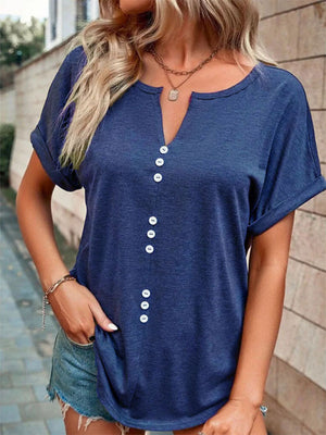 Womens Knitted Casual V-Neck Button Short Sleeve Top SIZE S-5XL