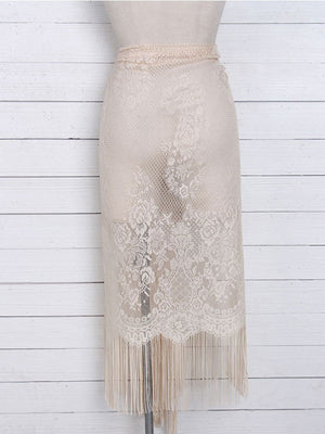 Womens Hollow Lace Fringed Cover Up Skirt