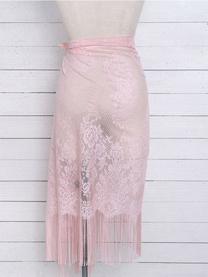 Womens Hollow Lace Fringed Cover Up Skirt