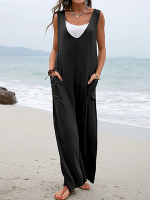 Womens V-Neck Overalls Wide Leg Jumpsuit SIZE S-3XL