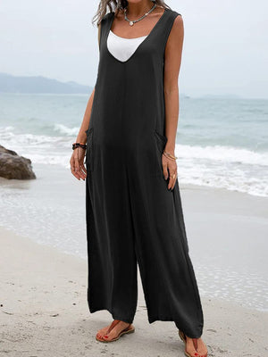 Womens V-Neck Overalls Wide Leg Jumpsuit SIZE S-3XL