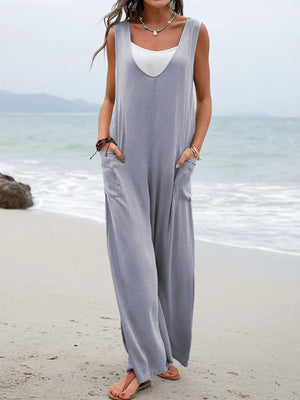 Womens V-Neck Overalls Wide Leg Jumpsuit SIZE S-3XL