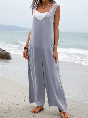 Womens V-Neck Overalls Wide Leg Jumpsuit SIZE S-3XL