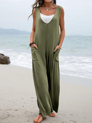 Womens V-Neck Overalls Wide Leg Jumpsuit SIZE S-3XL