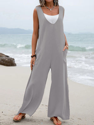 Womens V-Neck Overalls Wide Leg Jumpsuit SIZE S-3XL