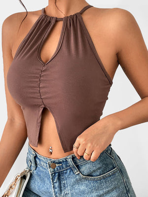 Womens Solid Color Keyhole Cutout Crop Top SIZE S-XL