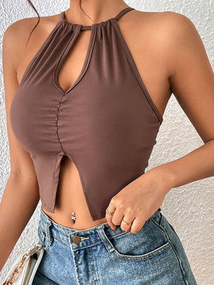 Womens Solid Color Keyhole Cutout Crop Top SIZE S-XL
