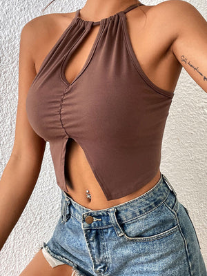 Womens Solid Color Keyhole Cutout Crop Top SIZE S-XL
