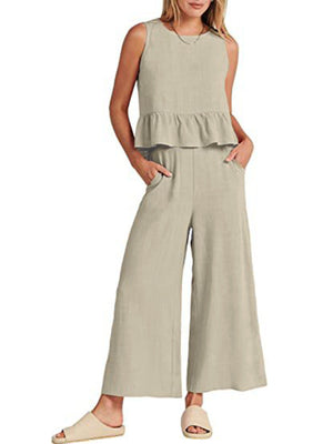 Womens Sleeveless Pleated Top Wide Leg Cropped Pants SIZE S-2XL
