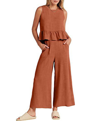 Womens Sleeveless Pleated Top Wide Leg Cropped Pants SIZE S-2XL