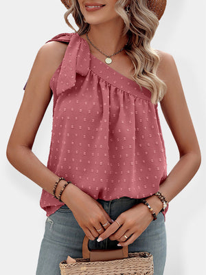 Womens Solid Color Clip Dot One Shoulder Ruffle Bow Blouse SIZE S-XL