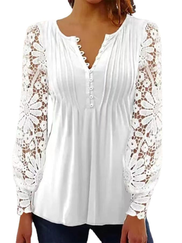 Womens Lace Sleeves Solid color Blouse SIZE S-5XL
