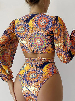 Womens Ethnic Printed Mesh Long Sleeve Bikini SIZE S-L