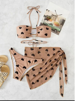 Womens Heart Print 3 Piece Bikini Set SIZE S-XL