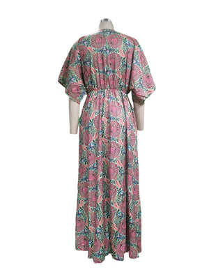Womens V Neck Short Sleeve Loose Bohemian Print Midi Dress SIZE S-XL