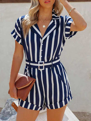 Womens Stripes Belted Shirt Romper SIZE S-2XL