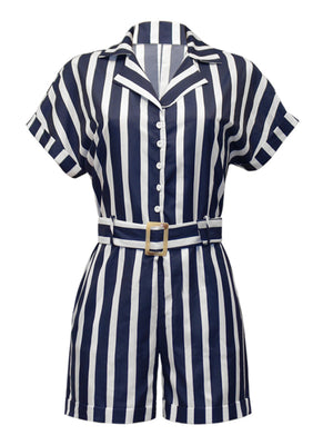 Womens Stripes Belted Shirt Romper SIZE S-2XL
