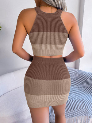 Womens Color Block Crop Halter With Matching Knit Mini Skirt SIZE S-L
