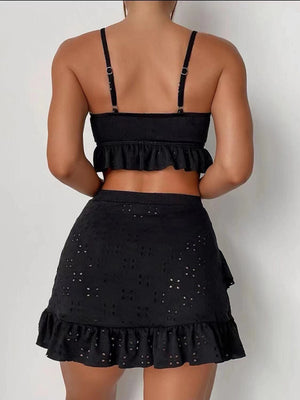 Womens Tie Front With Ruffle Hem Mini Skirt 3 Piece Set SIZE S-XL