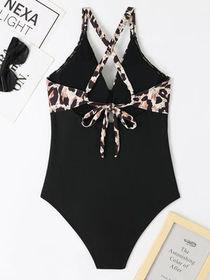Womens One Piece Leopard Print Cross Hollow Back Cross Swimsuit SIZE S-XL