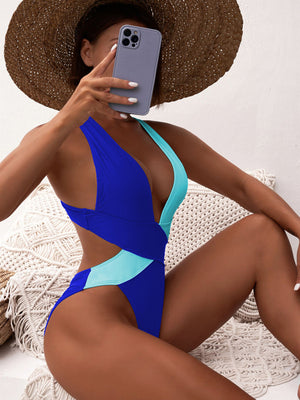 Womens Bi Color Plunge One Piece Swimsuit SIZE S-XL