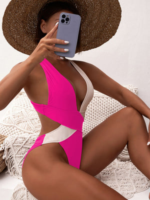 Womens Bi Color Plunge One Piece Swimsuit SIZE S-XL