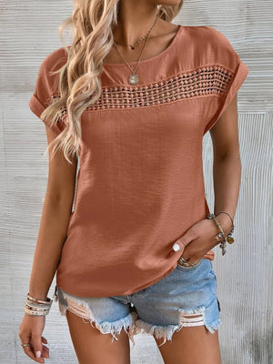 Womens Solid Color Lace Trim Short Sleeve Top SIZE S-2XL