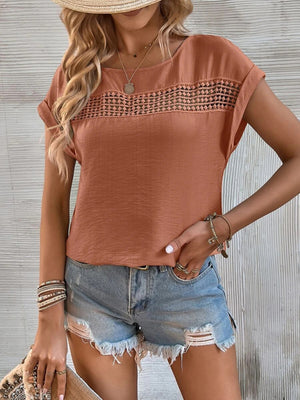 Womens Solid Color Lace Trim Short Sleeve Top SIZE S-2XL