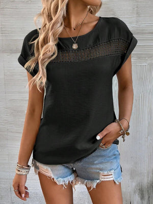 Womens Solid Color Lace Trim Short Sleeve Top SIZE S-2XL