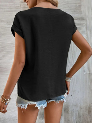 Womens Solid Color Lace Trim Short Sleeve Top SIZE S-2XL
