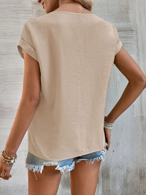 Womens Solid Color Lace Trim Short Sleeve Top SIZE S-2XL
