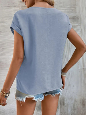 Womens Solid Color Lace Trim Short Sleeve Top SIZE S-2XL
