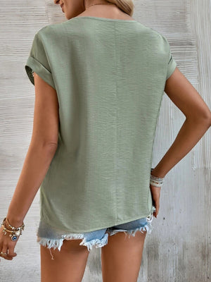 Womens Solid Color Lace Trim Short Sleeve Top SIZE S-2XL