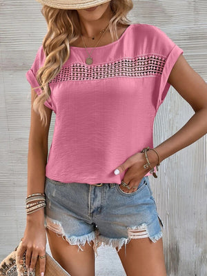 Womens Solid Color Lace Trim Short Sleeve Top SIZE S-2XL