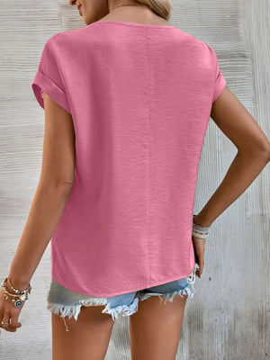 Womens Solid Color Lace Trim Short Sleeve Top SIZE S-2XL