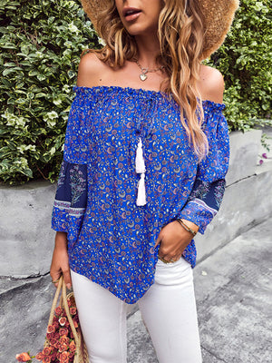 Womens Bohemian Print Loose Off Shoulder Shirt SIZE S-XL