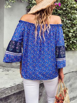 Womens Bohemian Print Loose Off Shoulder Shirt SIZE S-XL