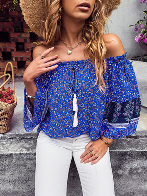 Womens Bohemian Print Loose Off Shoulder Shirt SIZE S-XL