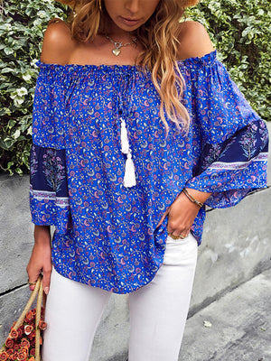 Womens Bohemian Print Loose Off Shoulder Shirt SIZE S-XL