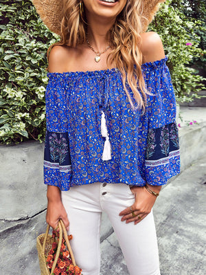 Womens Bohemian Print Loose Off Shoulder Shirt SIZE S-XL