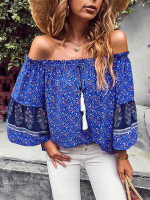 Womens Bohemian Print Loose Off Shoulder Shirt SIZE S-XL