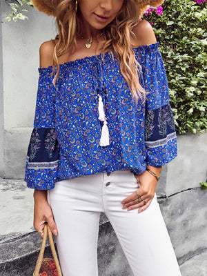 Womens Bohemian Print Loose Off Shoulder Shirt SIZE S-XL