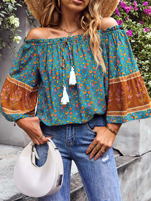 Womens Bohemian Print Loose Off Shoulder Shirt SIZE S-XL