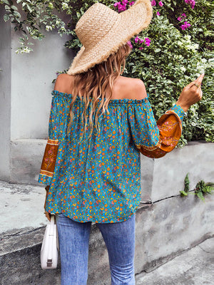 Womens Bohemian Print Loose Off Shoulder Shirt SIZE S-XL