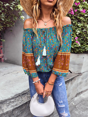 Womens Bohemian Print Loose Off Shoulder Shirt SIZE S-XL