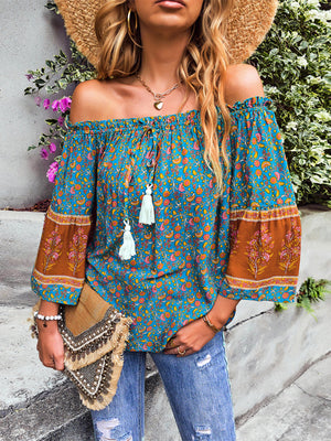 Womens Bohemian Print Loose Off Shoulder Shirt SIZE S-XL